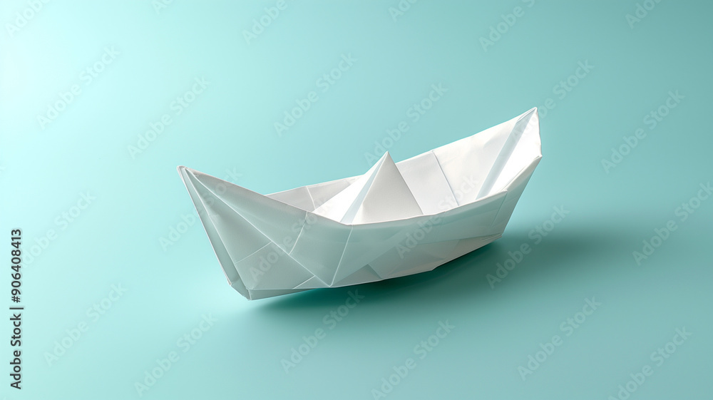 White paper origami boat on the surface of the water on a light blue background White paper origami boat on the surface of the water on a light blue background