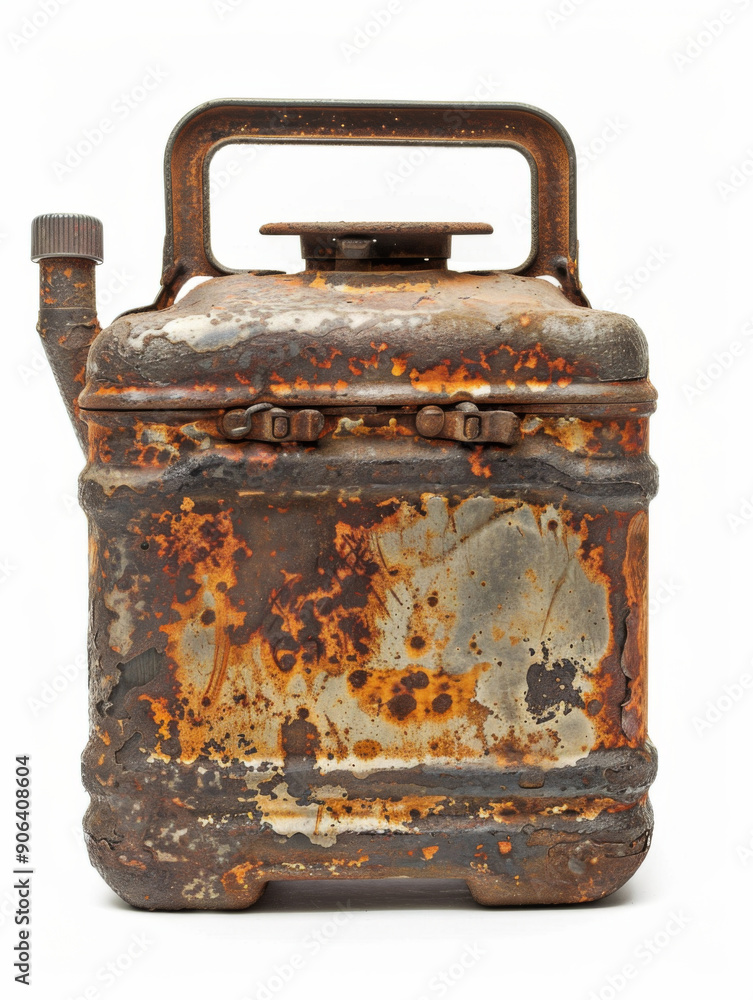 An old rusty metal container with a metal handle An old rusty metal container with a metal handle