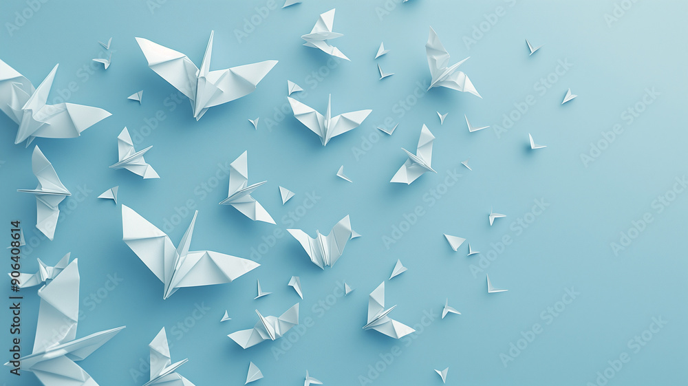 Flock of white origami paper birds on a light blue background Flock of white origami paper birds on a light blue background