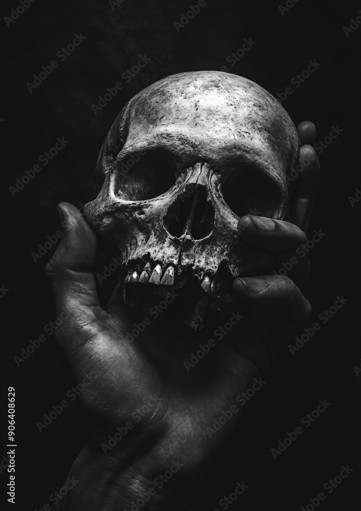 Obraz premium hand holding a skull in black and white