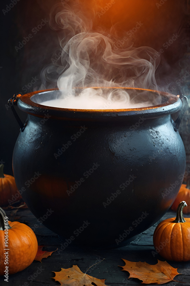 Generative AI illustration. Realistic witch cauldron in a spooky scene with smoke. Witch cauldron for Halloween. Generative AI illustration. Realistic witch cauldron in a spooky scene with smoke. Witch cauldron for Halloween.