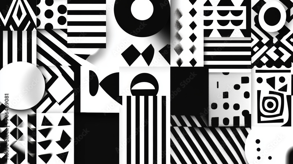 © Mahmud - Retro black and white geometric pattern featuring circles, triangles, and squares. Abstract Bauhaus-inspired design with op-art elements.