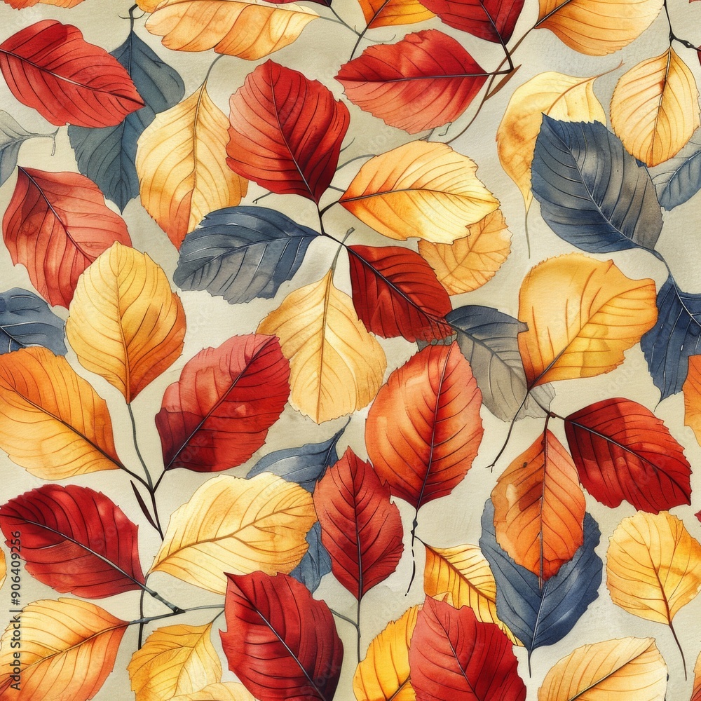 Fototapeta premium Seamless pattern with realistic autumn leaves on a beige background. Autumn background in red, orange and yellow colors. Designed for use on the internet, printing and on wallpaper.