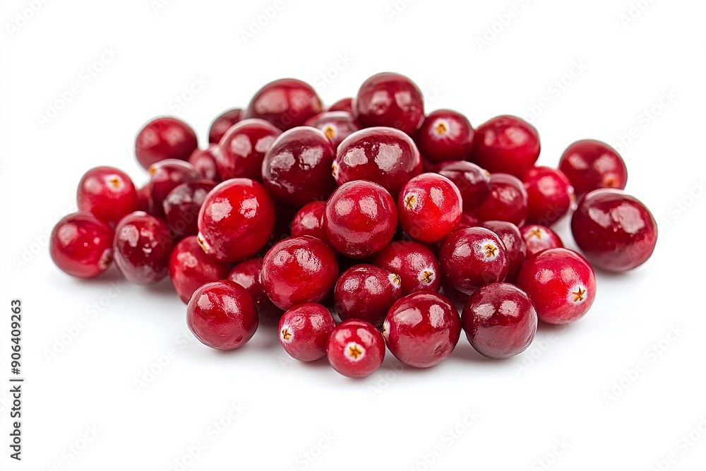 Freshly harvested red cranberries piled neatly on a clean white surface Freshly harvested red cranberries piled neatly on a clean white surface
