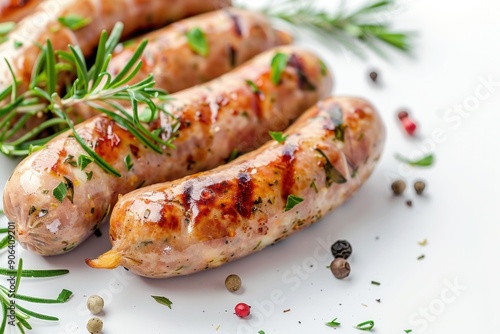 Grilled sausages garnished with fresh herbs and spices on a light background