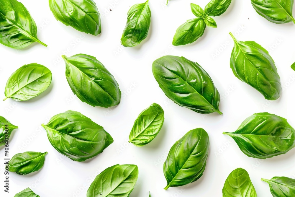 Various fresh and vibrant basil leaves scattered on a white background, capturing the diverse shapes and vivid green color, emphasizing freshness and organic quality. Various fresh and vibrant basil leaves scattered on a white background, capturing the diverse shapes and vivid green color, emphasizing freshness and organic quality.