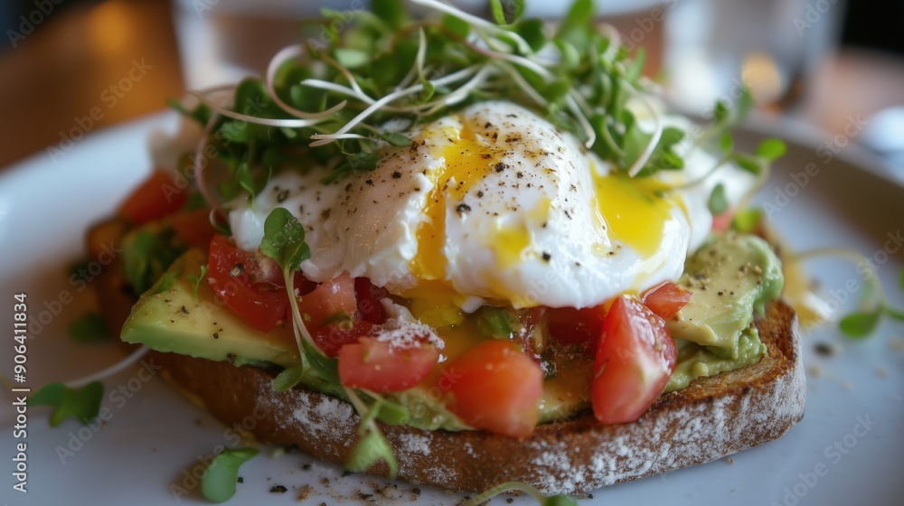 Gourmet Avocado Toast: Close-up of Creamy Mashed Avocado on Artisanal Bread Topped with Perfectly Poached Egg and Fresh Microgreens. Trendy Breakfast Dish Shows Healthy, Instagram-Worthy Food Styling. Gourmet Avocado Toast: Close-up of Creamy Mashed Avocado on Artisanal Bread Topped with Perfectly Poached Egg and Fresh Microgreens. Trendy Breakfast Dish Shows Healthy, Instagram-Worthy Food Styling.