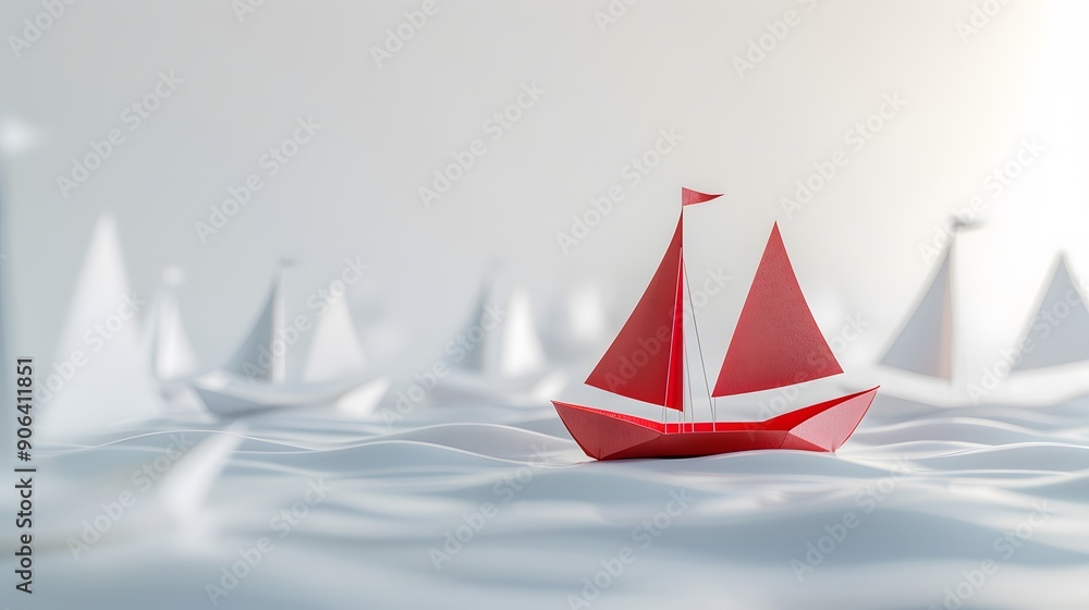 A standout red paper flagship sailing ahead of white paper ships, emphasizing leadership and direction on a clean white background A standout red paper flagship sailing ahead of white paper ships, emphasizing leadership and direction on a clean white background