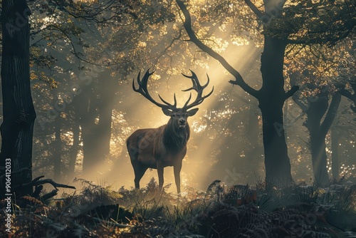 A majestic red deer stag standing in a misty European forest at dawn, with light filtering through the trees.