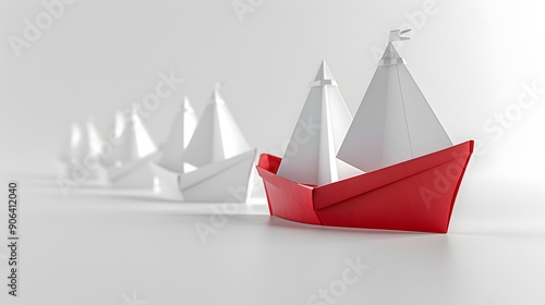 The concept of leadership illustrated by a red paper flagship leading a formation of white paper ships on a pristine white background