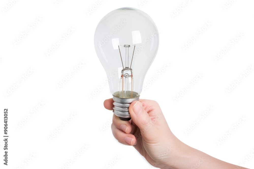 A hand holding a clear incandescent light bulb against a white background. The simple and clean composition highlights the light bulb, emphasizing its classic design. A hand holding a clear incandescent light bulb against a white background. The simple and clean composition highlights the light bulb, emphasizing its classic design.