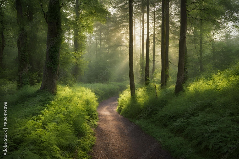 A Calm Road in the Forest, Sun rays A Calm Road in the Forest, Sun rays