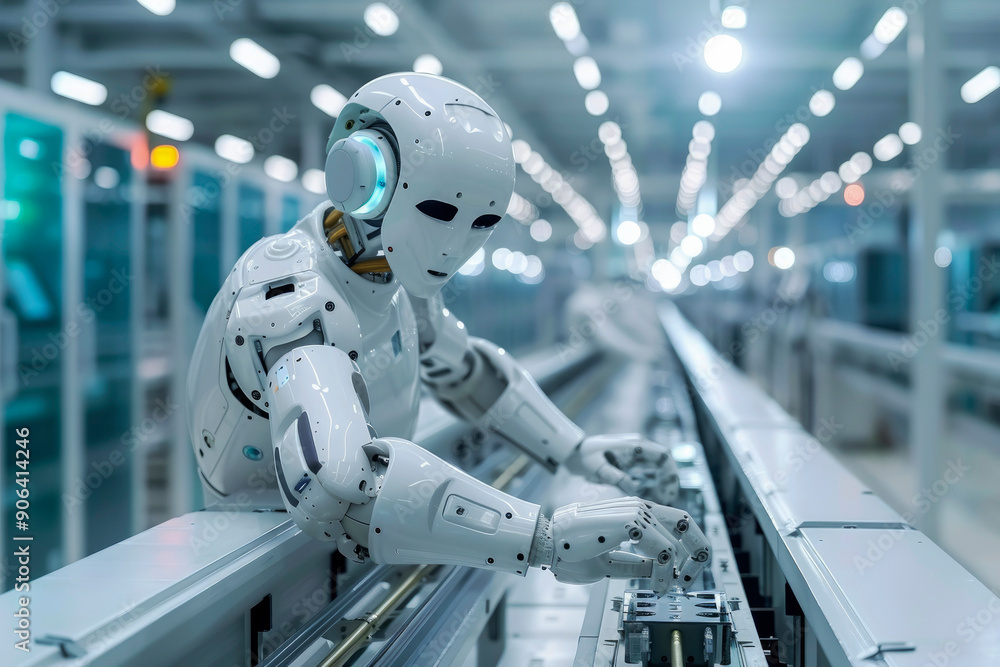 A futuristic robotic android performs tasks with precision on a production line in a well-lit modern factory, showcasing advanced manufacturing technology. A futuristic robotic android performs tasks with precision on a production line in a well-lit modern factory, showcasing advanced manufacturing technology.