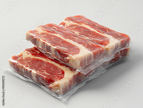 MOCAP, meat packaging transparent, sealed, meat in the package, pork, beef, gray neutral background