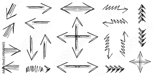 Grunge texture Arrows set isolated white backgound. Trendy Chalk Arrows collection. Simple Vector element for social media design. EPS 10