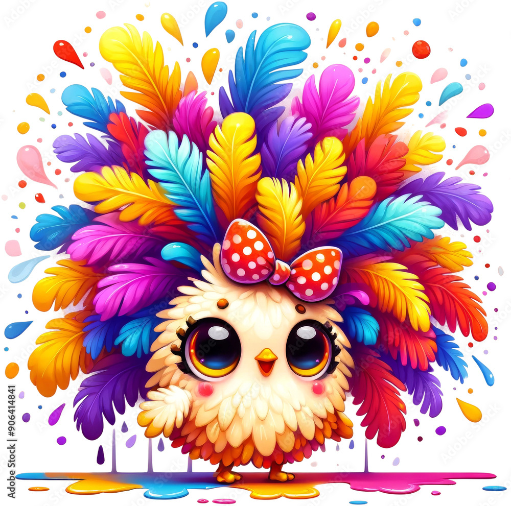 A colorful bird with a bow on its head is surrounded by a rainbow of feathers. The image has a playful and whimsical mood, with the bright colors and cute design of the bird A colorful bird with a bow on its head is surrounded by a rainbow of feathers. The image has a playful and whimsical mood, with the bright colors and cute design of the bird