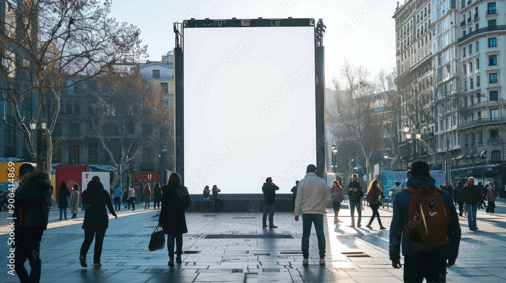Obraz premium Urban scene with people in winter attire around a blank billboard in a city square. Busy pedestrian area with tall buildings, bare trees, and no vehicles, indicating a popular, car-free zone.