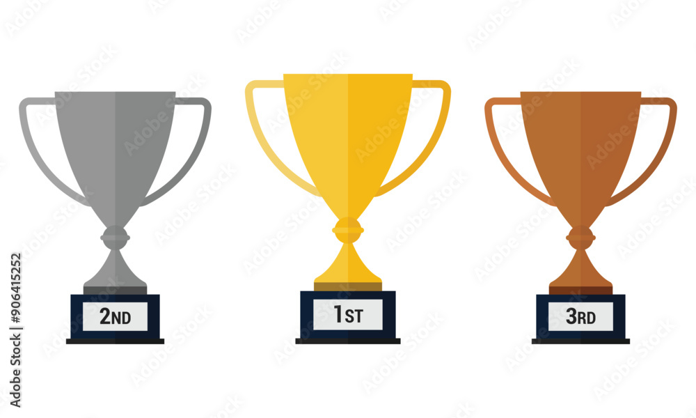 Trophy cups with handles. Gold, silver and bronze cups isolated on white background. Flat vector illustration, EPS10