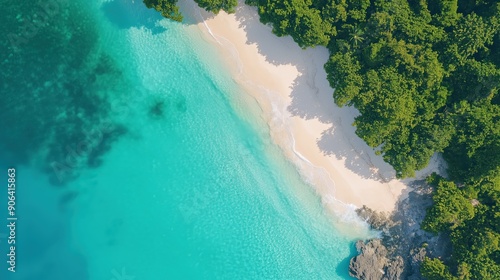 Pristine Tropical Beach: Aerial View of Turquoise Waters and Secluded Shoreline. Stunning Coastal Landscape Showcasing Natural Beauty, Tranquility, and Ideal Vacation Destination for Relaxation.