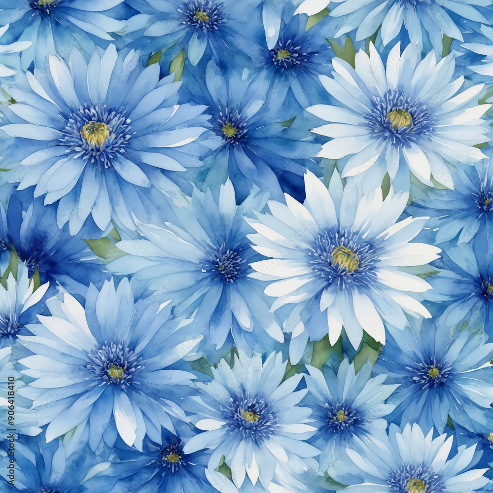 Fototapeta premium Watercolor pattern with bright Blue Aster . It shows intricate detailing and uses blue and white colors. The small floral pattern has a modern look