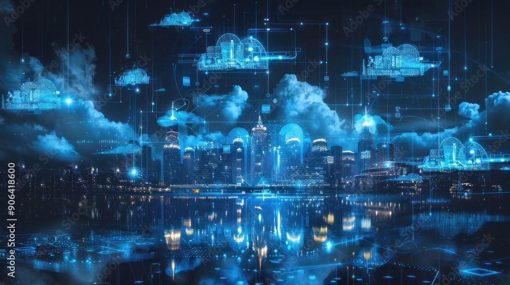 Fototapeta premium Cityscape with Cloud Computing Network