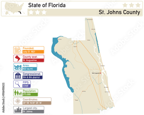Detailed infographic and map of St. Johns County in Florida USA.