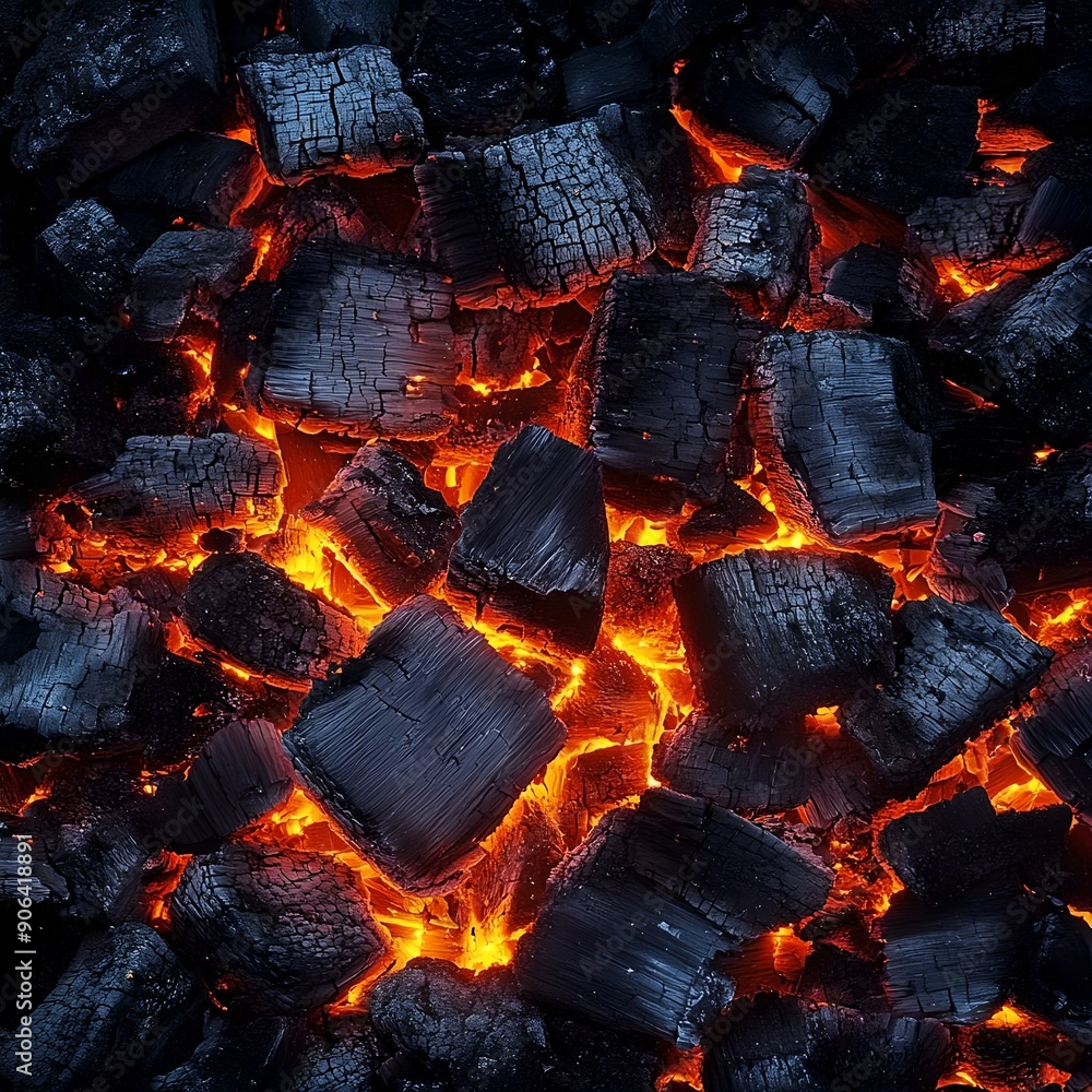 Closeup of hot, glowing embers amongst charred coal pieces Closeup of hot, glowing embers amongst charred coal pieces
