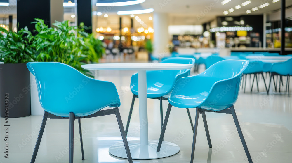 Obraz premium Blue plastic chairs and a white table in a food court at a modern shopping center.