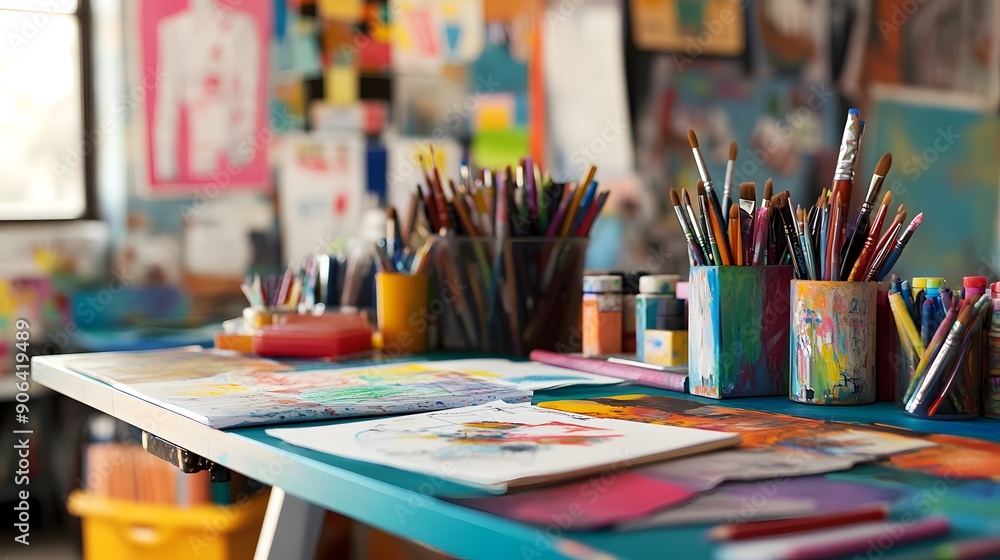 Creative Workspace: A vibrant desk covered in art supplies, sketches, and colorful decorations. The use of bright colors and textures showcases a lively environment that stimulates creativity. Creative Workspace: A vibrant desk covered in art supplies, sketches, and colorful decorations. The use of bright colors and textures showcases a lively environment that stimulates creativity.
