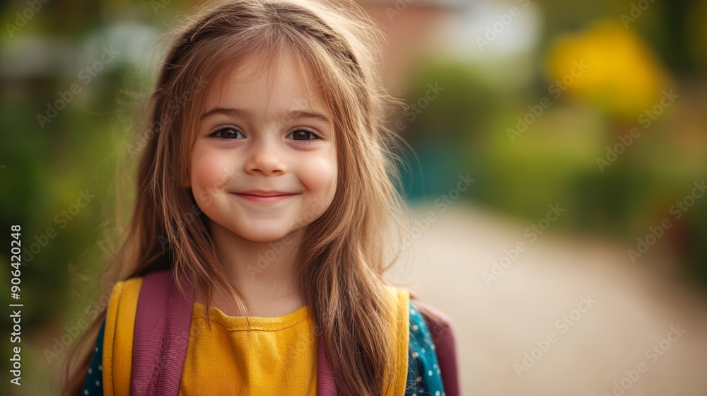 Smiling Girl with Backpack Heading to School Smiling Girl with Backpack Heading to School