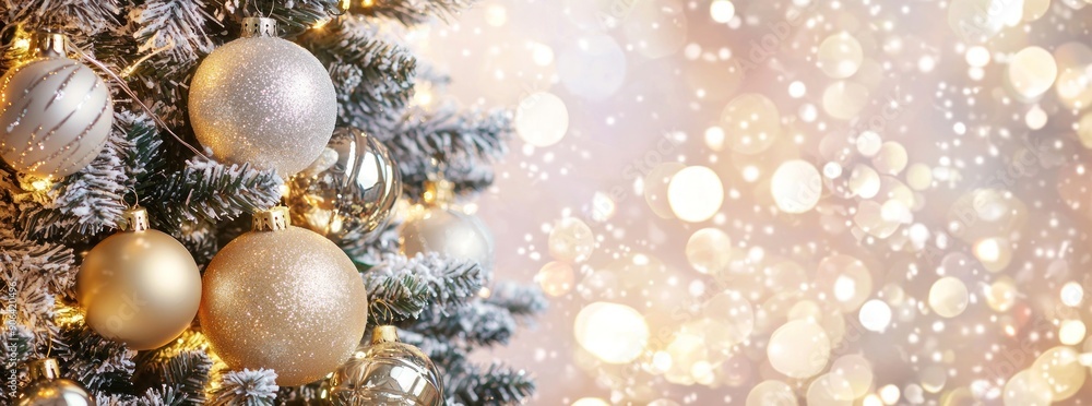 Beautifully decorated Christmas tree with golden and silver ornaments, sparkling lights, and snowy bokeh. Generative ai Beautifully decorated Christmas tree with golden and silver ornaments, sparkling lights, and snowy bokeh. Generative ai