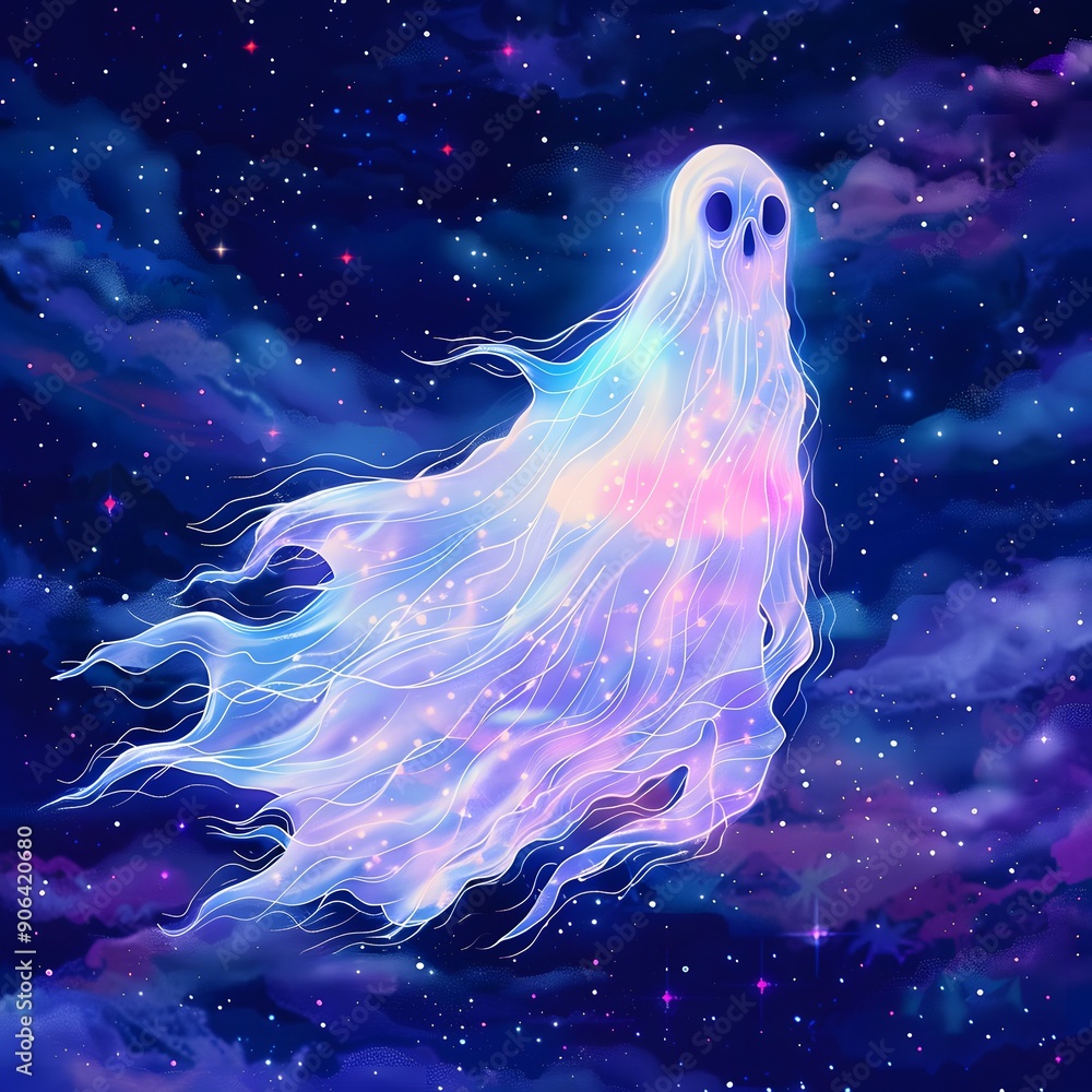 A ghost against a starry night sky, Halloween A ghost against a starry night sky, Halloween