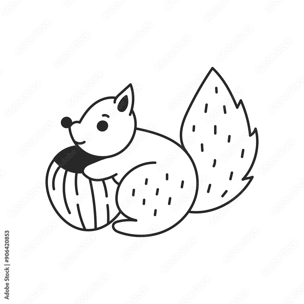 Squirrel with Hazelnut Doodle Art. Hand drawn line wild forest animal holding nut. Isolated vector illustration Squirrel with Hazelnut Doodle Art. Hand drawn line wild forest animal holding nut. Isolated vector illustration