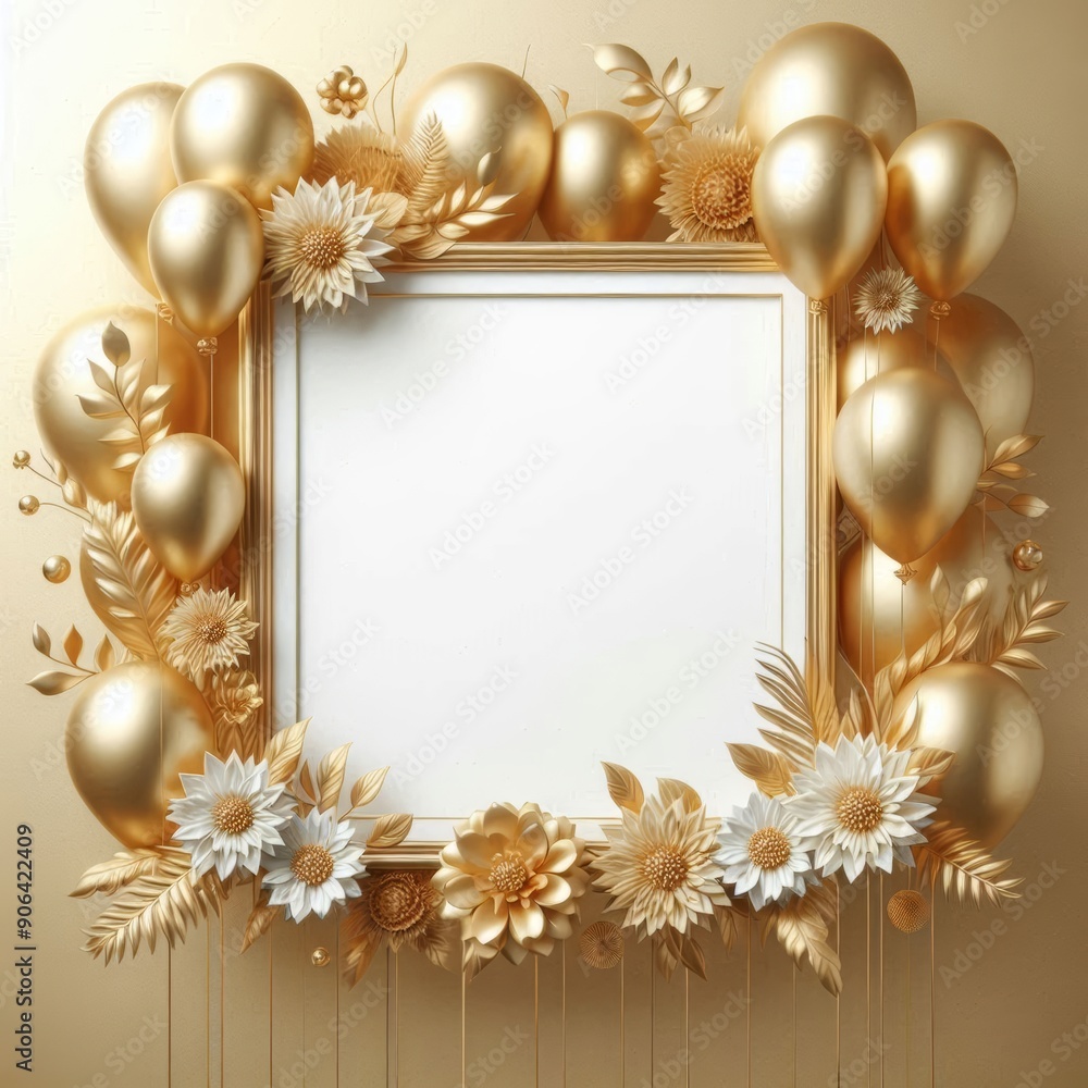 Elegant golden frame adorned with balloons and flowers, perfect for special events. Elegant golden frame adorned with balloons and flowers, perfect for special events.