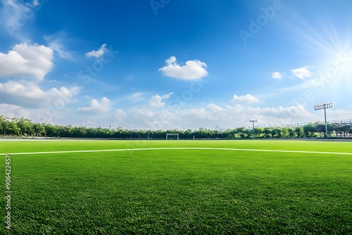 Green football field under blue sky background