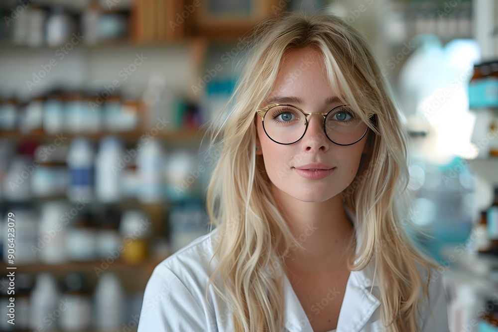 Young Female Pharmacist in a Lab Coat with Glasses Surrounded by Bottles Young Female Pharmacist in a Lab Coat with Glasses Surrounded by Bottles
