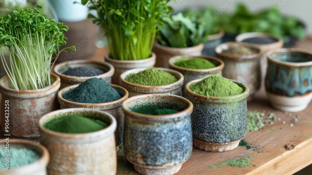 A collection of ceramic pots filled with different powdered substances in shades of green sits on a wooden table at a botanical workshop A collection of ceramic pots filled with different powdered substances in shades of green sits on a wooden table at a botanical workshop