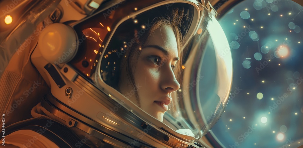 Obraz premium beautiful woman in an astronaut suit floating inside the space station, looking out through her helmet visor with a stunning backdrop of stars and galaxies, featuring cinematic