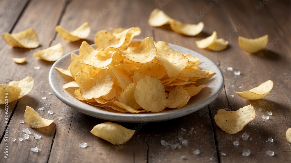 potato chips on a rustic wooden table, with some chips partially broken and a sprinkle of sea salt visible