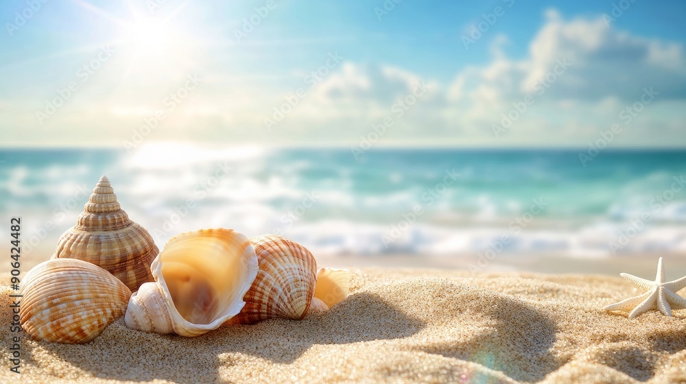 Seashells on the sand by the sea on a hot sunny day Seashells on the sand by the sea on a hot sunny day