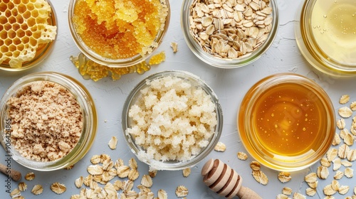 Clear jars showcase various natural ingredients like honey, sugar scrubs, and oats, ready for skin care formulations in a welcoming workshop setting