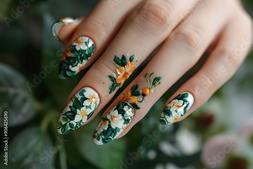 Exquisite Floral Nail Art Design with Vibrant Greenery and Blossoms