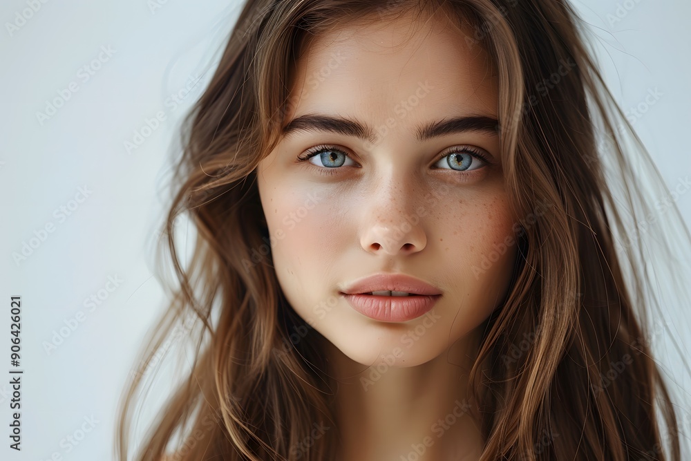 Naklejka premium Captivating Portrait of a Young Woman with Striking Blue Eyes and Natural Beauty
