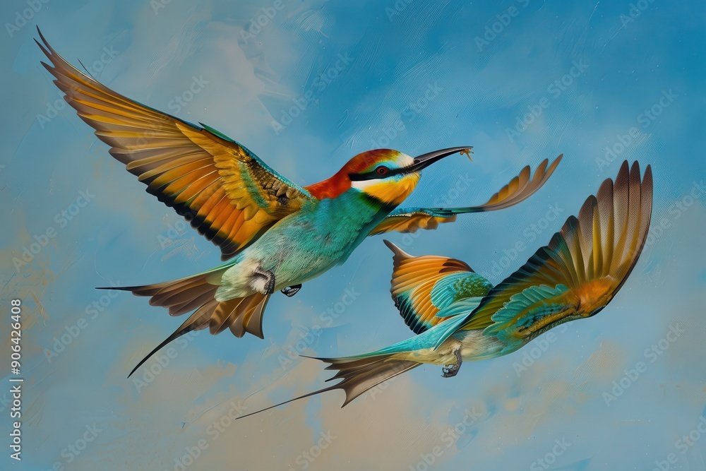 Obraz premium A pair of elegant European bee-eaters catching insects in mid-flight, with a blue sky background. 