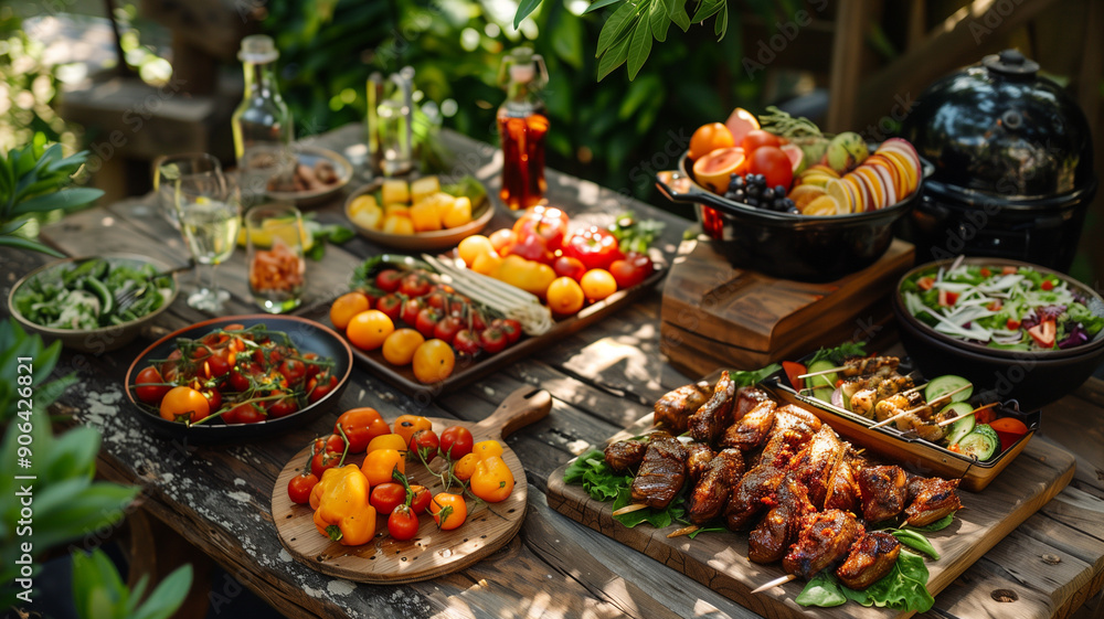 Obraz premium Backyard dining table with delicious barbecue meat, fresh vegetables and salad