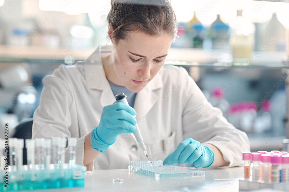 A woman in a lab coat is working on a project. She is wearing gloves and is focused on her work A woman in a lab coat is working on a project. She is wearing gloves and is focused on her work