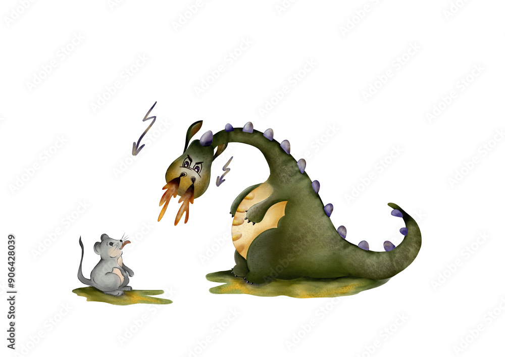 Cartoon dragon scaring mouse in a whimsical forest setting Cartoon dragon scaring mouse in a whimsical forest setting