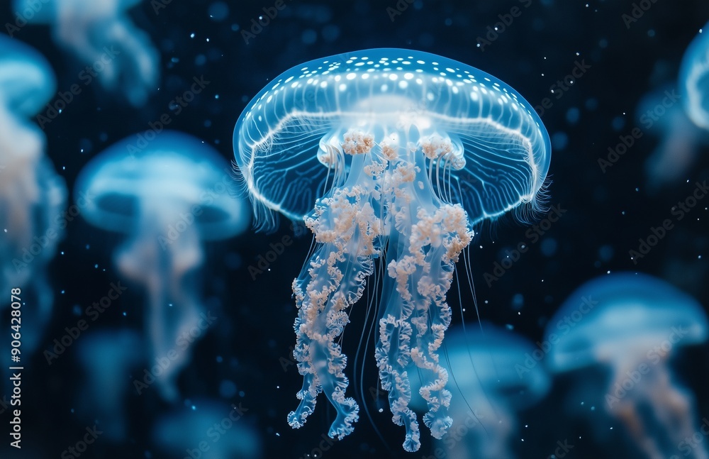 Fototapeta premium A group of jellyfish swimming gracefully in the ocean, their transparent bodies glowing in the water