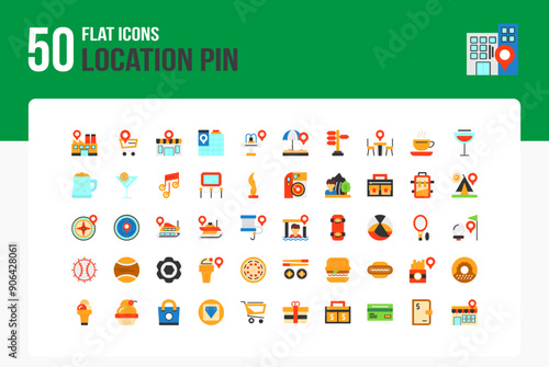 Set of 50 Location Pin icons related to Factory, Shopping Cart, Grocery Store, Mall Flat Icon collection