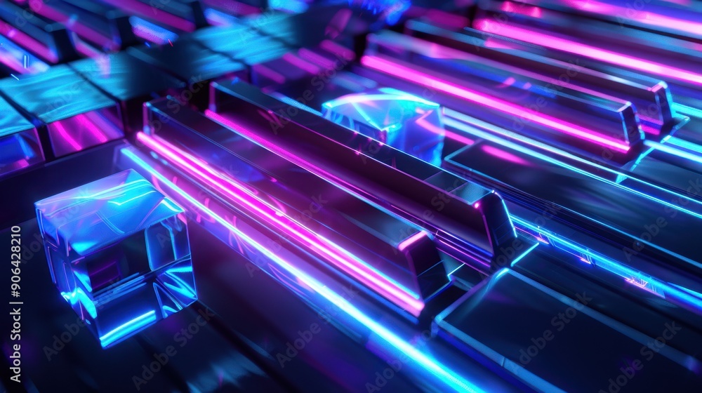 Fototapeta premium Neon Lights Reflecting on Geometric Shapes